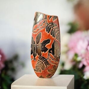 Vintage Napco 18" Vase Mid-Century Modern (MCM) Glazed, Art Deco Floral Orange